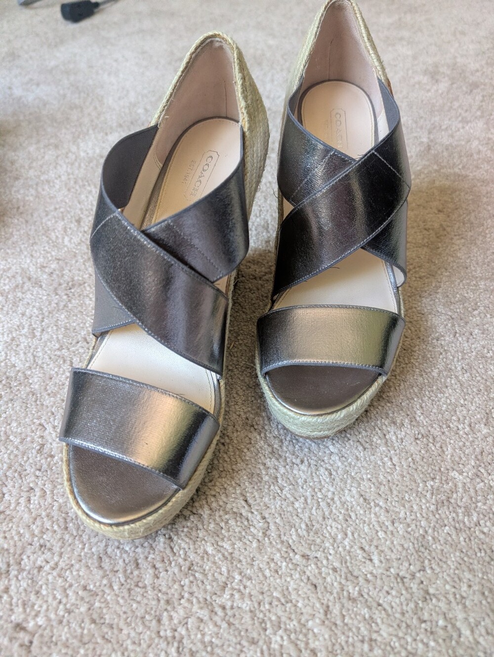 Coach Metallic Pewter Crisscross Espadrille Wedges